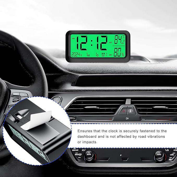 Car Digital Dashboard Clock, Solar Power Rechargeable Vehicle Electronic Clock with Night Backlight, Desk Watch with Day/Date/Temperature Display for Home Bedroom Office
