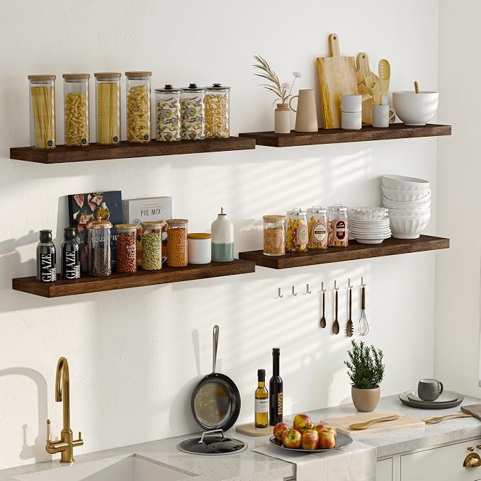 Fun Memories Floating Shelves for Wall Set of 2, Rustic Solid Elm Wood Wall Shelves 32 Inch - Invisible Bracket Mount for Living Room, Bathroom, Bedroom, Kitchen, Walnut