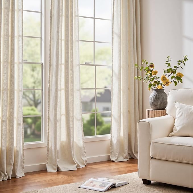 jinchan Ecru Natural Linen Blend Curtains 96 Inches Length for Living Room Divider Sliding Door Farmhouse Rod Pocket Back Tab Light Filtering Drapes Lightweight Curtains for Bedroom 4 Panels
