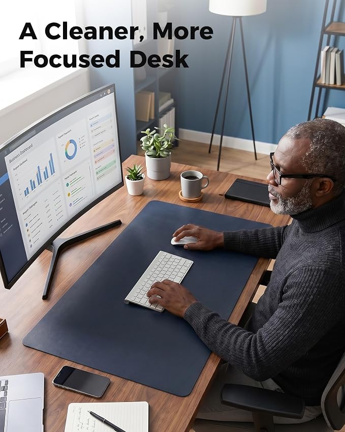 Aothia Dual-Sided Desk Mat, FSC Cork & PU Leather Desk Pad, Large Mouse Pad & Writing Surface for Multi-Device Workspace, Non-Slip Waterproof Desk Protector - 37.8" x 17", Dark Blue