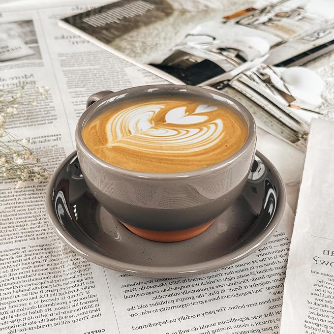 MORA Ceramic Latte Art Mug With Saucer - 10.5 oz, Round Bottom For Perfect Pours - Cafe Cups for Cappuccino, Espresso, Coffee, Tea etc - Porcelain Set for Baristas, Great Gift - Sesame Milk