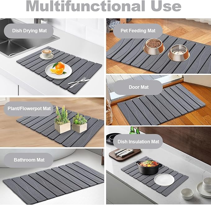 Stone Drying Mat for Kitchen Counter, 24"x16" Large Diatomaceous Earth Stone Dish Drying Mat, Fast Absorbing Foldable Quick Dry Stone Sink Mat for Dishes, Pans & Kitchen Utensils (Gray)