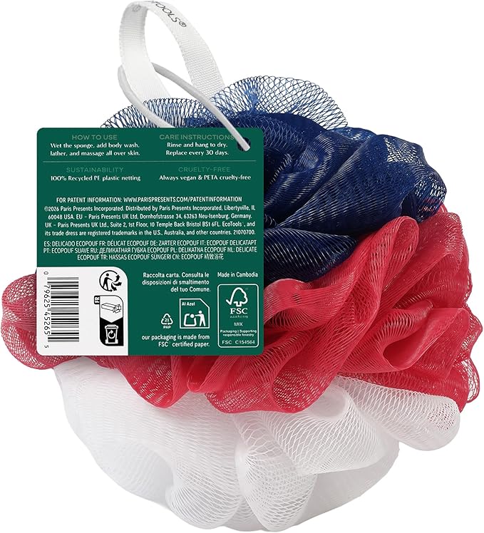 EcoTools Delicate EcoPouf Body Loofah, Gentle Exfoliating Shower Sponge for Sensitive Skin, 100% Recycled Netting Bath Pouf, 1 Count