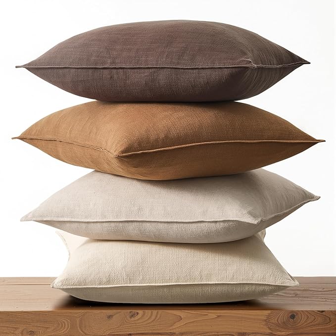 Pack of 4 Linen Lumbar Pillow Covers Neutral Farmhouse Couch Throw Pillows for Bed Accent Modern with Flange Design Pillowcase Sofa Livingroom Home Decor 12x20 Inch