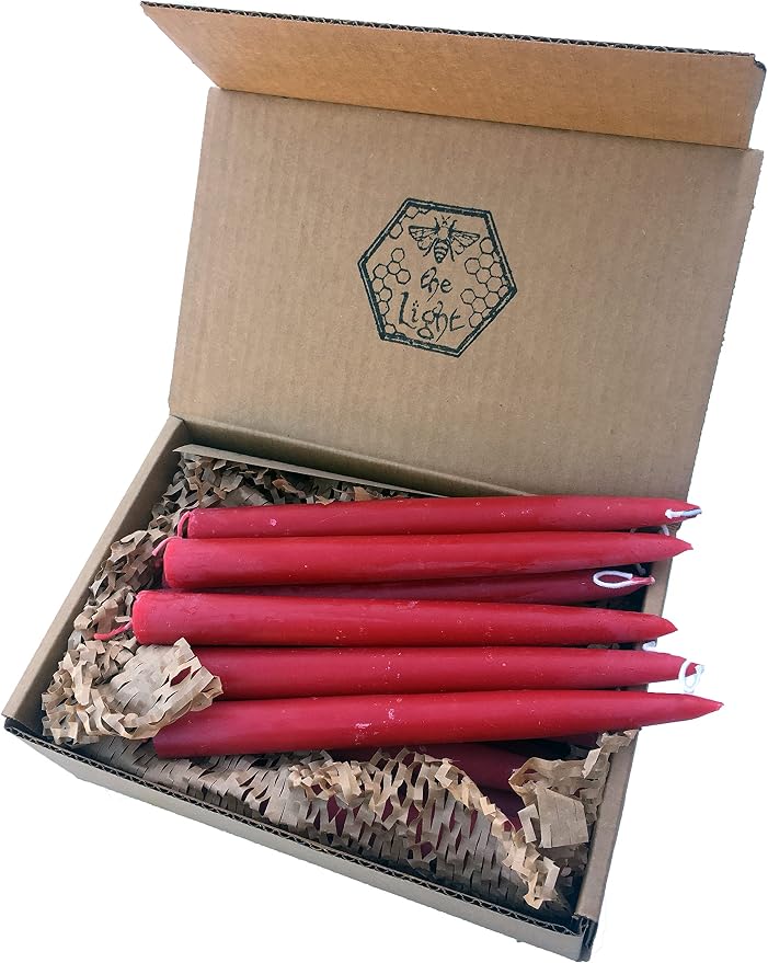 100% Pure Beeswax Taper Candles - All-Natural Handmade Decorative & Dipped Smokeless Unscented Candles for Christmas, Advent, and Hanukkah, Red Blossom, 8.5 Inches, 24 Candle Set, by BeeTheLight