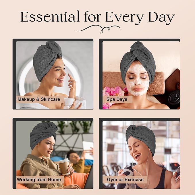 Lili&James 100% Cotton Hair Towel Wrap for Women & Kids β 420 GSM Quick Dry Hair Turban with Double Button Loop, Anti Frizz Non Microfiber Hair Drying Towel for Curly, Long & Thick Hair (Dark Grey)