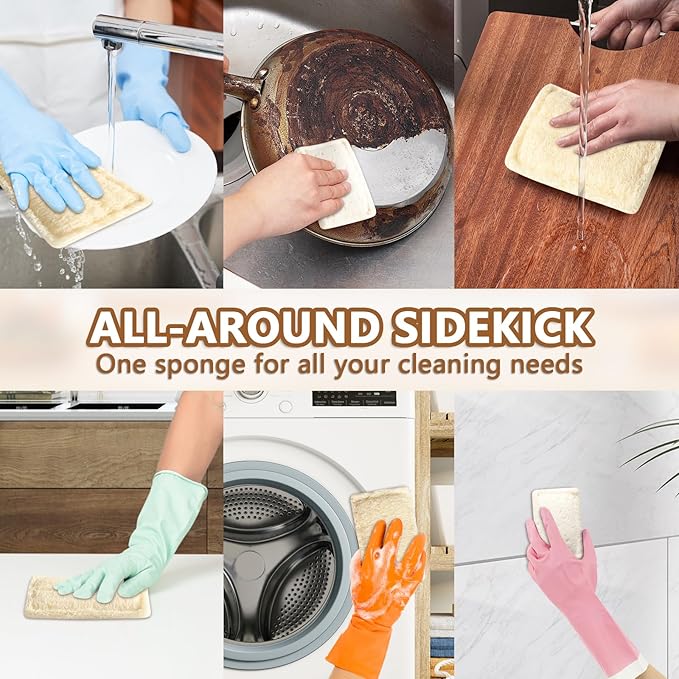 6 Pack Natural Loofah Dish Sponge, 100% Biodegradable Compostable Dishwashing Kitchen Dish Sponges with Cotton Hanging Loop for Kitchen, Bathroom, Household
