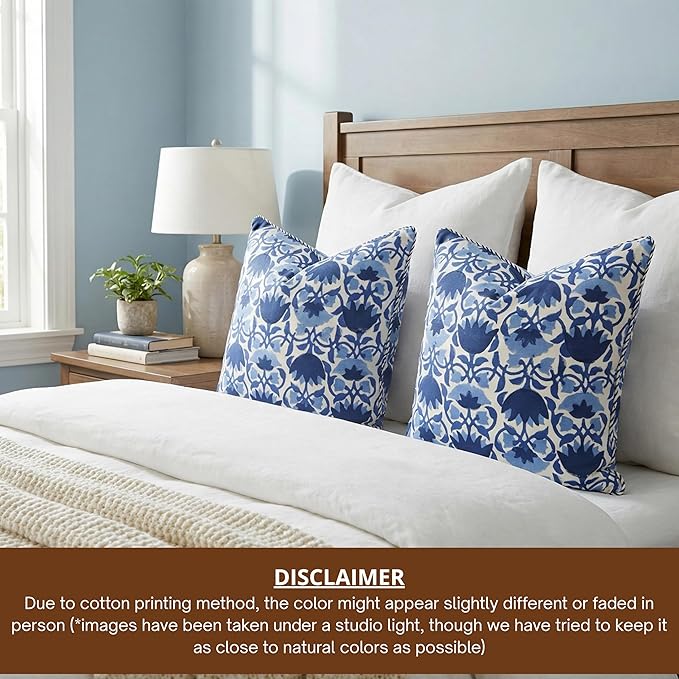 ATOSII Block Print Throw Pillow Covers, 20" X 20" - Set of 2, Decorative Couch Pillows for Living Room Bed Sofa, 100% Cotton Canvas Pillow Case for Home Decor & Outdoors, Preppy Throws - Positano Blue