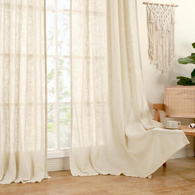 LAMIT Small Kitchen Linen Curtains 24 Inch Length 2 Panels, Beige Light Filtering Panels Back Tab and Rod Pocket Neutral Drapes for Bathroom/Small Windows, 34 x 24 Inch