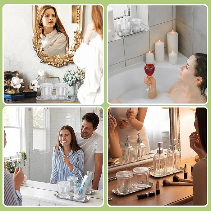 Yaomiao 7 Pack Clear Glass Bathroom Accessories Set, 2 Pcs Cotton Swabs Jar with Lids, 2 Pcs 18 oz Soap Dispenser with Pump and 2 Trays and Labels for Bathroom Kitchen Counter Organizer Vintage Gift