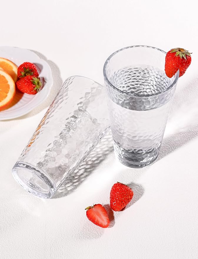 Amyoole Drinking Glasses Set of 8,16oz Clear Highball Water Glasses,Stackable Lead-Free Hammered Glass Cups,Kitchen Drinkware Glassware for Cocktail,Beer,Juice,Iced Tea,Margaritas and Mixed Drinks