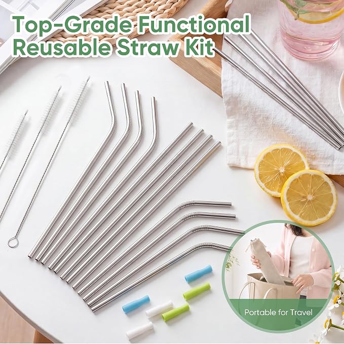 16 Pack Reusable Stainless Steel Metal Straws for 20-30 oz Tumblers, Comes with 6 Silicone Tips, 3 Cleaning Brushes & Storage Pouch, BPA Free Drinking Straws