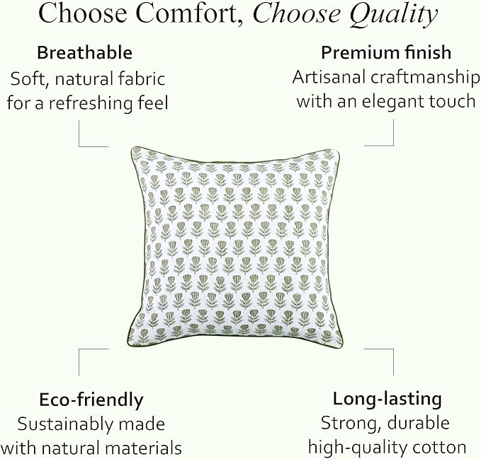 CPC Rustic Sage Trellis Block Print Throw Cushion Cover 18 x 18 Inch Set 2 - Decorative Boho Floral Pillow Case for Living Room, Bed, Sofa Home Decor Gift for Spring, Mother's Day