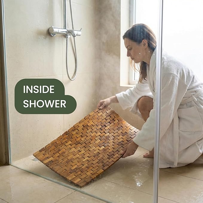 Teak Wood Bath & Shower Mat (30" x 16.5") | Wooden Floor Mat for Bathtub & Spa | Foldable & Non Slip Bathmat