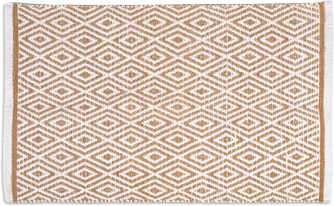 Chenille Cotton Diamond Rug 21x34 Inches - Linen, Reversible Small Soft Washable Front Door Mat Ideal for Kitchen, Entryway, Bathroom | Beige Farmhouse Boho Accent Indoor Throw Rugs for Patio