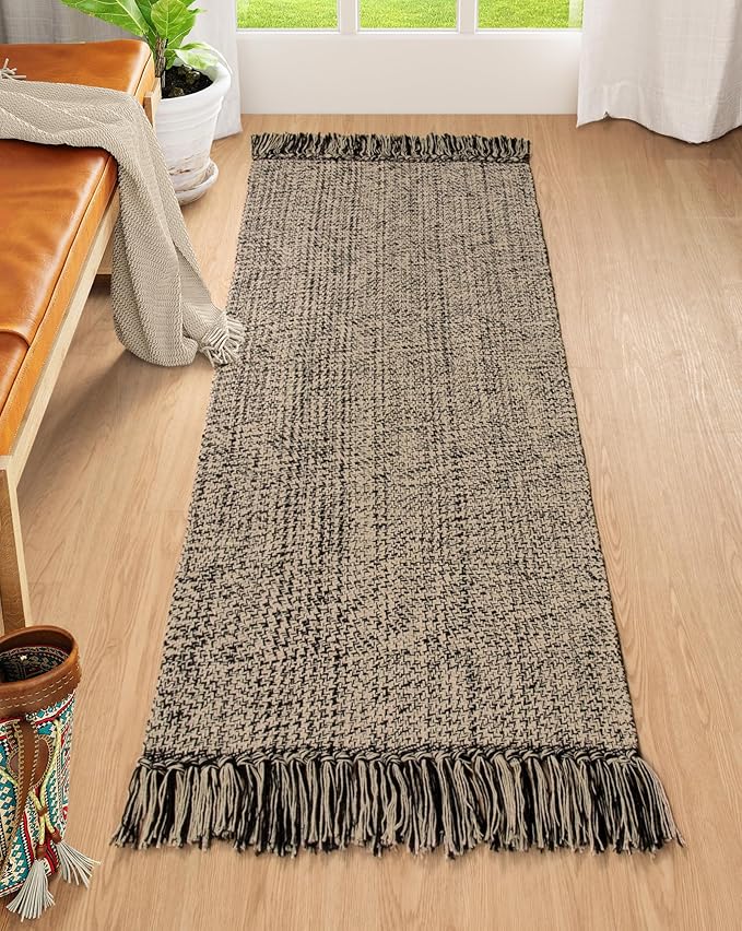 Collive Kitchen Runner Rug, 2x4.3 Hand-Woven Reversible Washable Bathroom Runner Rug for Entryway, Natural/Black Cotton Woven Boho Farmhouse Front Door Rug for Bedroom Entry Kitchen Floor Door Decor