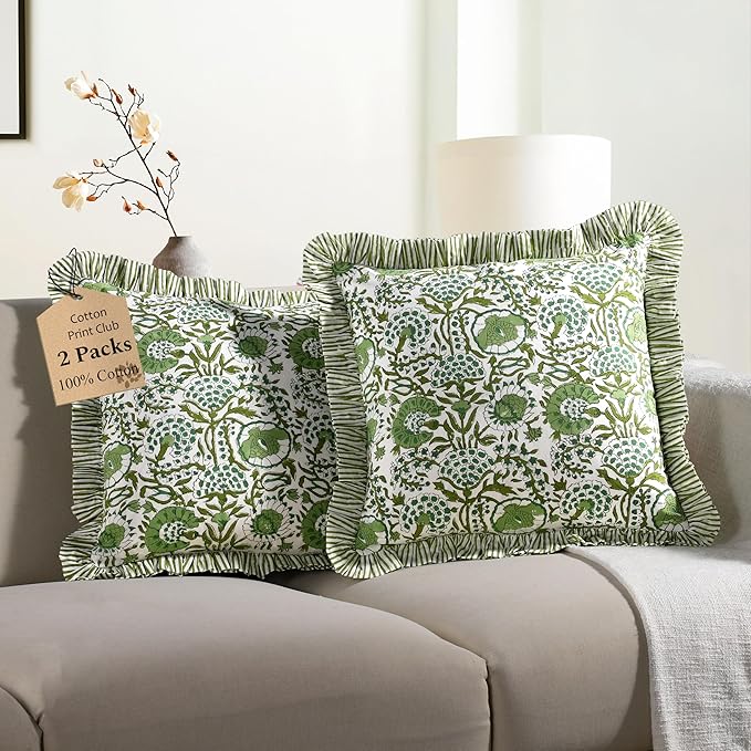 CPC Block Print Ruffle Throw Cover Agate Green 20"x20" Inch Pack of 2-100% Cotton Ruffle Couch Decorative Boho Pillows Case for Living Room, Bedroom, Sofa, Farmhouse Gift for Spring, Mother's Day