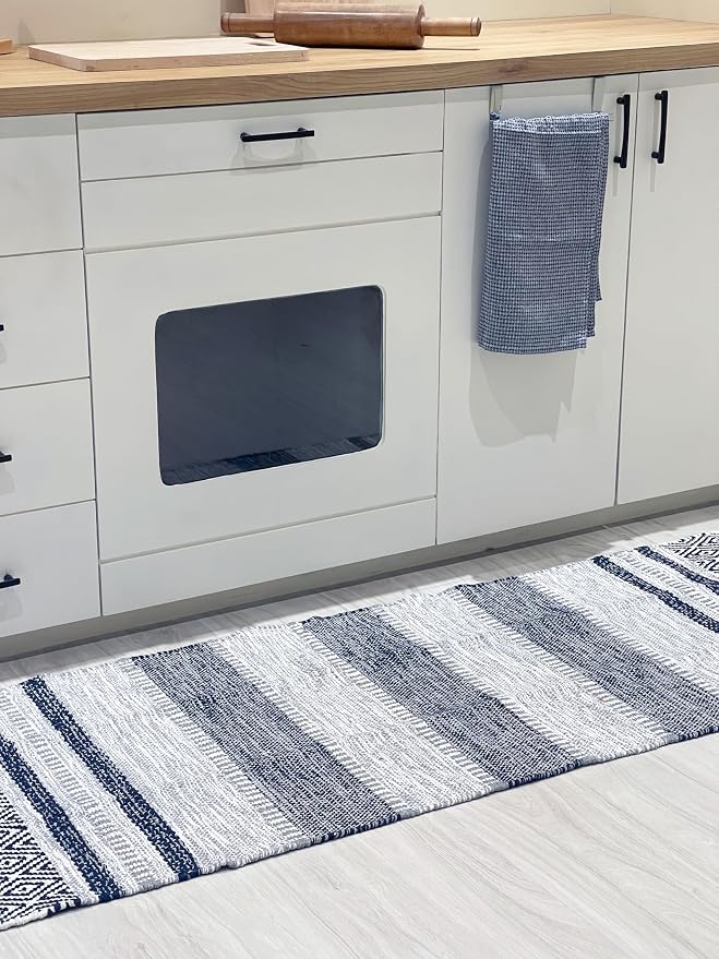 Chardin home Farmhouse Rug Runner 2x6 feet Grey & Navy | Recycled Cotton Hand Woven Rug, Long Boho Rug | Perfect for Hallways, Kitchens, Bathroom, bedrooms, Meditation Yoga Mat