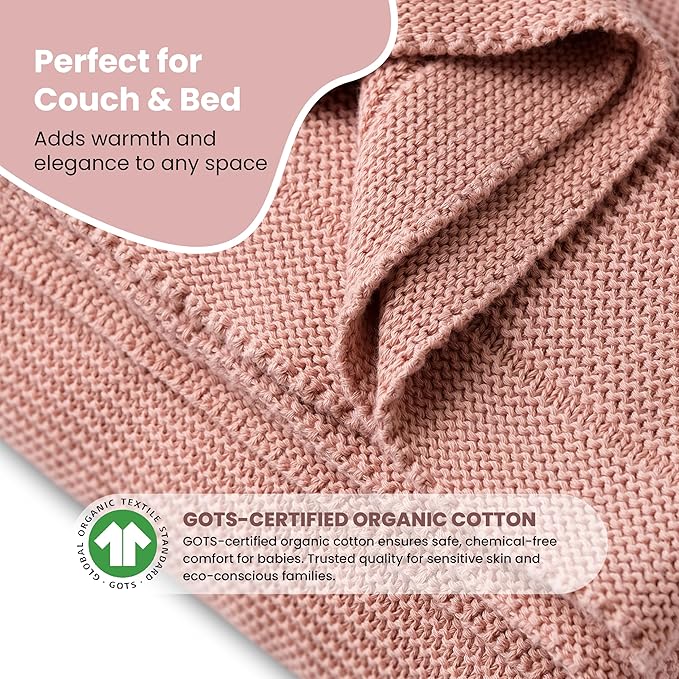 Dalisa 100% Organic Turkish Cotton Throw Blanket Harbor Mist– GOTS Certified, Cozy, with Reusable Cotton Gift Bag – Perfect for Couch, Bed, and Home Decor – Boho Vintage Knit Alina (Pink, 80x90)