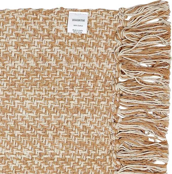 COTTON CRAFT Woven Area Rug - Reversible Boho Farmhouse Rustic Cotton Throw Rug Carpet with Fringe - Machine Washable Accent Mat for Bedroom Living Room Entryway Bathroom Dorm - 22x34 - Tan Natural