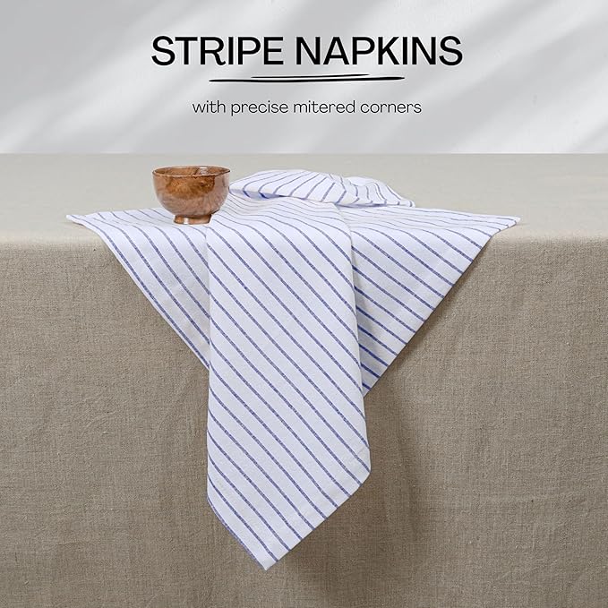 Indigo Blue Stripe Napkins Set of 6, 18x18 Inch, 100% Cotton, Classic Striped Cloth Napkin for Formal Events, Holiday Dinners, Reusable and Washable Fabric for Everyday Dining