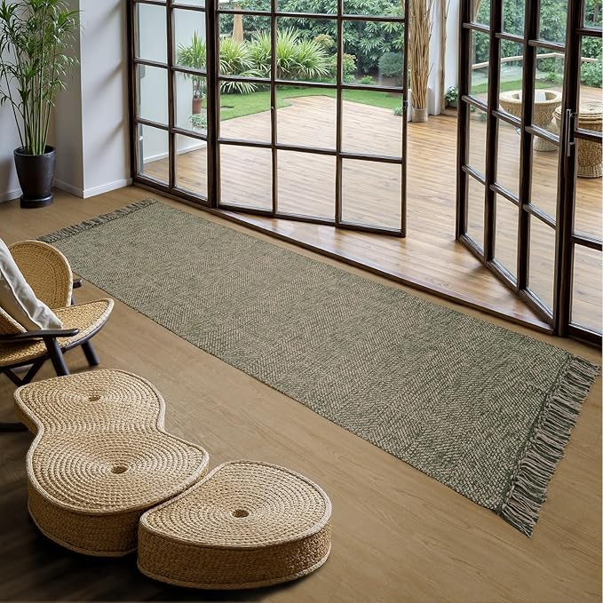 Collive Long Carpet Runners for Hallway 2.6x8ft, Washable Cotton Woven Kitchen Runner Rugs Low-Profile Entryway Rug, Natural/Green Modern Front Door Floor Carpet for Laundry Room Bedroom Doorway