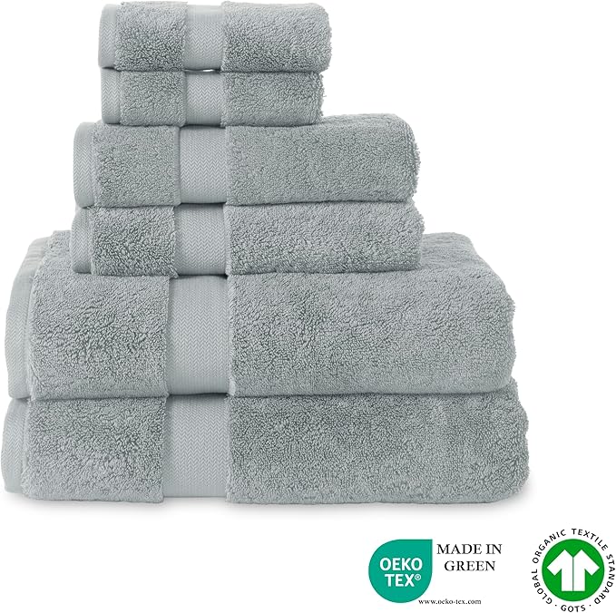 TOWELTIQUE- Organic Cotton Plush Bath Towels Pack of 6 GOTS & Oeko- TEX Certified | Premium Soft, Absorbent & Quick-Drying Towels for Bathroom, Gym, Spa & Hotel Use – Light Gray