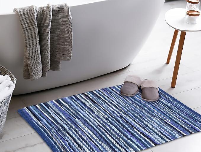 Bedding Craft Hand Made Woven Tonal Chindi 24x36 Inch Rectangle Area, Reversible Farmhouse, Braided Chindi Cotton - Blue Multi