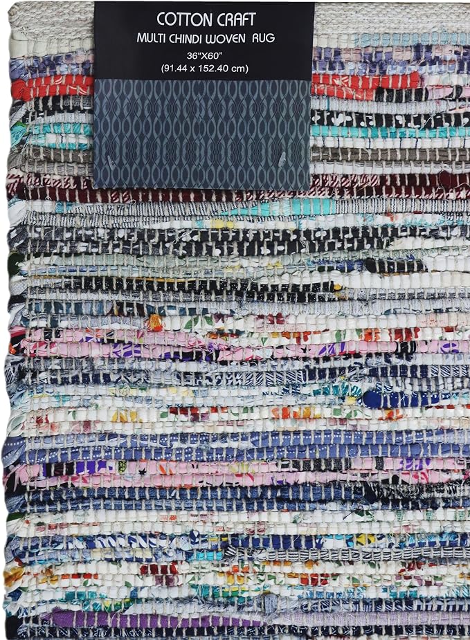 COTTON CRAFT Cotton Chindi Rag Rug - 3x5 ft – Handwoven Reversible Boho Farmhouse Accent Area Rug – Multicolor Recycled Cotton Yarn Throw Accent for Bedroom, Entryway, Kitchen & Living Room