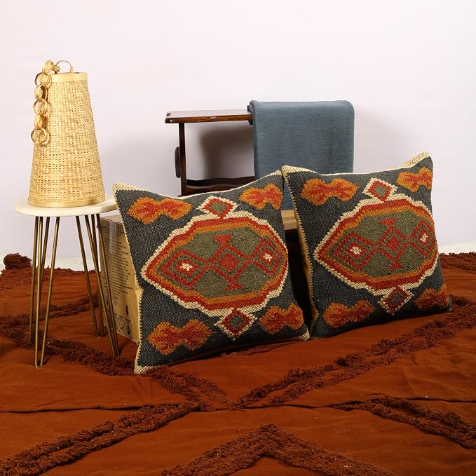 Trade Star 70% Jute 30% Wool Pillow Shams Handwoven Pillowcase Thich Rug Designer Cushion Cover Set of 2 Kilim Cushion Cover Throw Pillow Cover Decorative Vintage Pillow Case