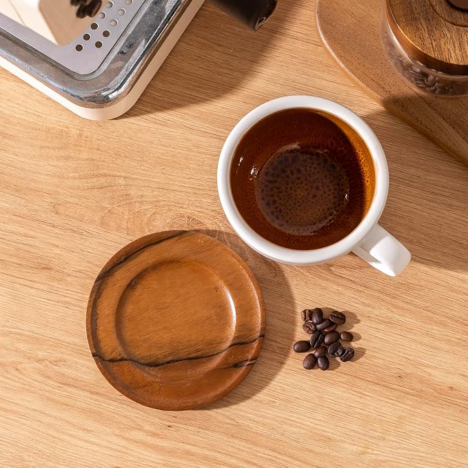 Ceramic Latte Coffee Cup with Wood Saucer Set of 1, Barista Cappuccino Latte Tea Cup Set for Home Café, Vintage Coffee Mug Unique Kiln-Fired Variegated Brown Interior Mug Aesthetic Kitchen Drinkware