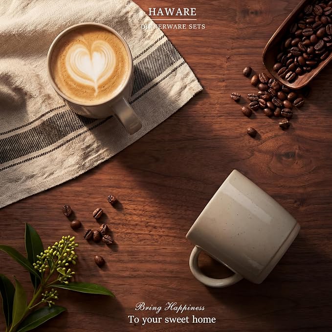 HaWare 13OZ Coffee Mugs Set of 4, Stoneware Coffee Cups, Ceramic Latte Mug for Man, Woman, Dad, Mom, Modern Tea Mugs for Latte/Cappuccino/Cocoa/Milk, Dishwasher& Microwave Safe, Speckled Cream Coffee