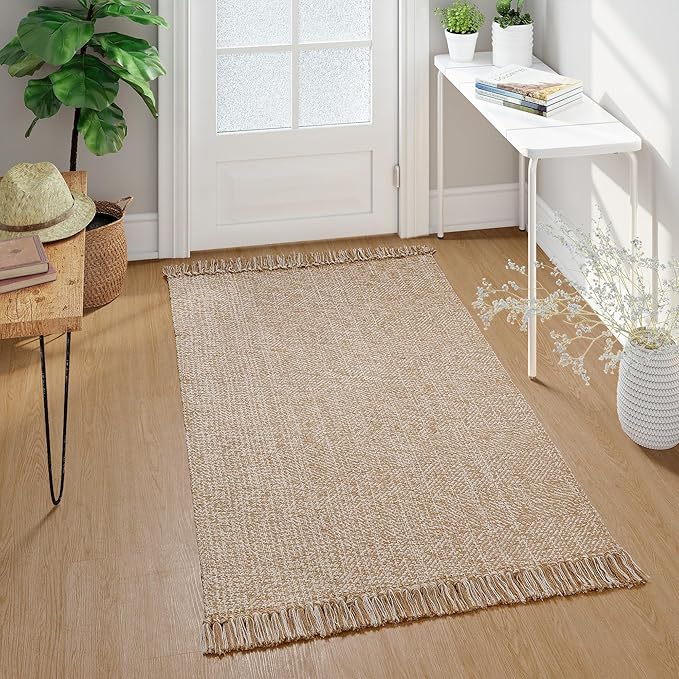 Collive Washable Area Rug 3' x 5', Modern Farmhouse Woven Kitchen Rugs, Tan/Cream Indoor Outddor Mat Braided Throw Carpet for Entryway Bedroom Nursery Laundry Living Room