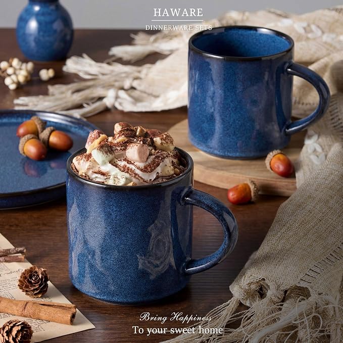 HaWare 14OZ Coffee Mugs Set of 4, Stoneware Coffee Cups with Handle, Latte Mug for Man, Woman, Dad, Mom, Modern Tea Mugs for Latte/Cappuccino/Cocoa/Milk, Dishwasher& Microwave Safe, Starry Blue