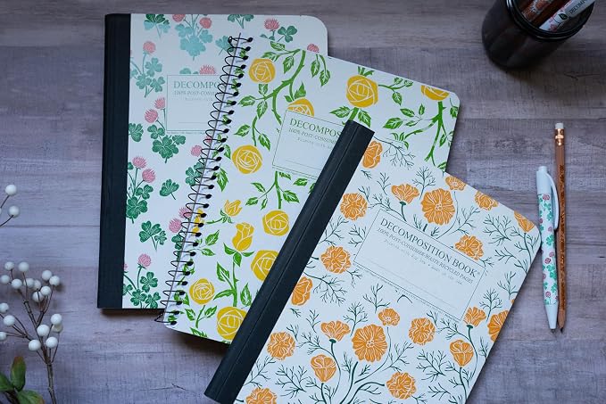 Decomposition 3-Pack Floral College Ruled Notebook - 9.75 x 7.5 Journal, 160 Lined Pages - 100% Recycled Paper - Notebooks for School Supplies, Home & Office - Made in USA