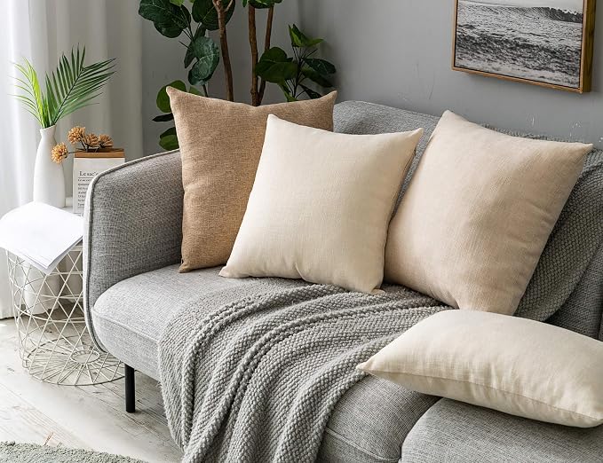 Stellhome Burlap Throw Pillow Covers Solid Farmhouse Linen Pillowcase for Bed Couch Sofa Bench, Set of 2, 20 x 20 inch (50 x 50 cm), Cream