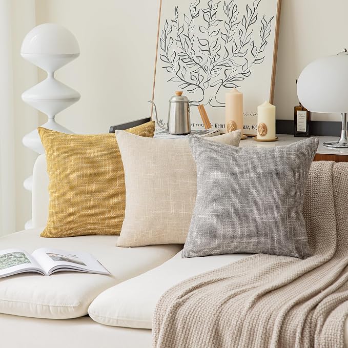 Kevin Textile Farmhouse Faux Linen Decorative Throw Pillow Case Cushion Cover Pillowcase for Sofa 20 x 20 Inch/50cm x 50cm, Set of 2, Cream Beige