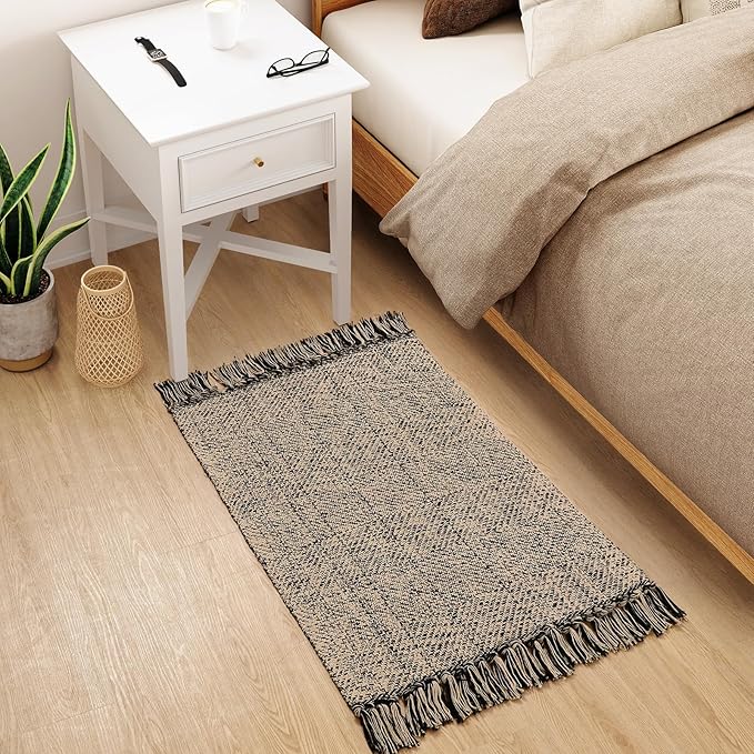 Collive Washable Small Bathroom Rug 2x3, Hand Woven Low Profile Front Door Mat Natural/Black Farmhouse Entryway Rugs, Cotton Reversible Kitchen Carpet for Foyer Bedroom Door Decor