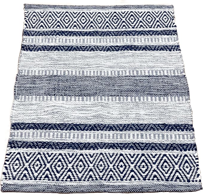 Chardin home Farmhouse Rug 24''x36'' Grey-Navy | Recycled Cotton Hand Woven Rug, Long Boho Rug | Perfect for Hallways, Kitchens, Bathroom, bedrooms, Meditation Yoga Mat | Machine Wash