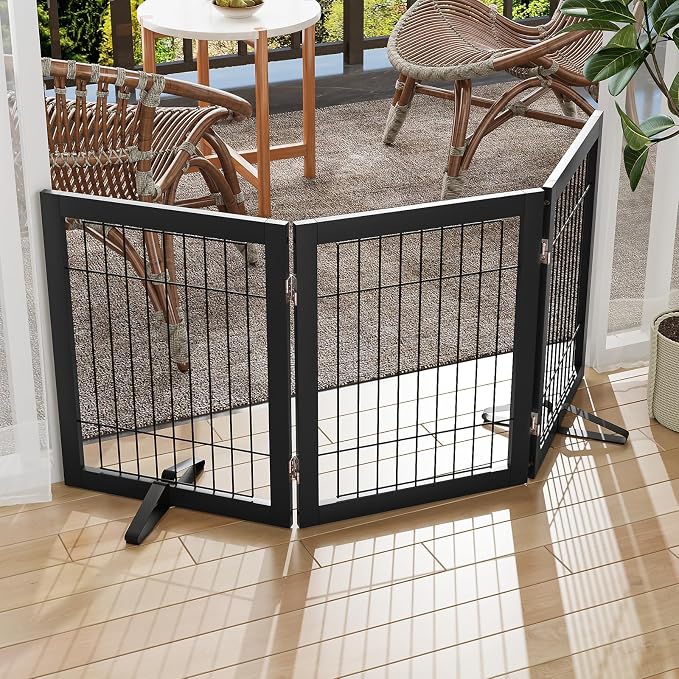 Semiocthome Freestanding Dog Gates and Barriers Indoor Pet Gates for Doorways and Stairs 24"H- 3 Panels Puppy Gate with 2 Metals Stands Adjustable Safety Fence Wire Dog Gate with Bamboo Frame - Black