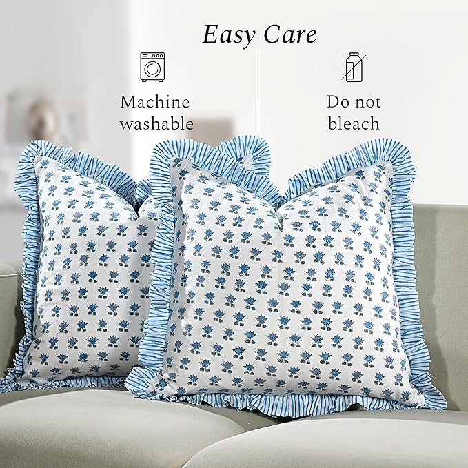 CPC Arctic Blue Hand Block Print 100% Cotton Ruffle Throw Pillow Cover 24x24 inch with Hidden Zipper Decorative for Couch, Bed, Sofa, Farmhouse, Cottagecore Decor Gift Christmas Fall Thanksgiving