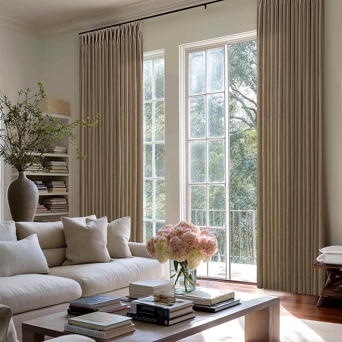 Brown Linen Pinch Pleat Curtains 108 Inches Long 2 Panels for Living Room Bedroom 9 ft Farmhouse Boho Light Filtering Pleated Drapes Semi Sheer Memory Shape Trained Ceiling Floor Curtain Dutch Cocoa