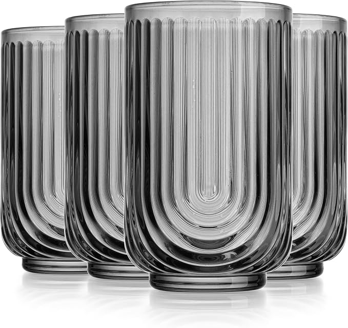 Glaver's Vintage Glassware - Art Deco Ribbed Drinking Glasses, U-Shape Arch Design Colored Cocktail Decorative Party Everyday Kitchen Tumblers, Hand Wash Only (Smoke S/4 17oz)