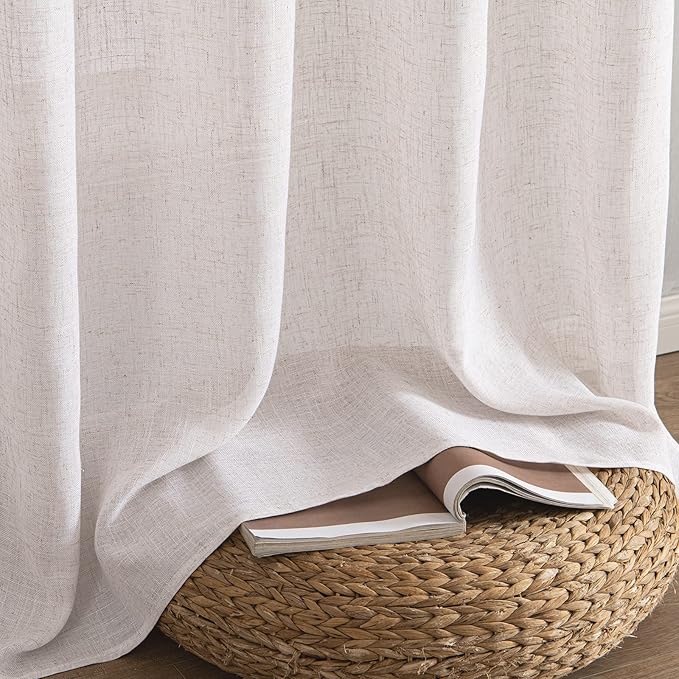 MIULEE White Linen Curtains 63 Inch Length 2 Panels for Bedroom Living Room, Soft Thick Linen Textured Natural Window Drapes Semi Sheer Light Filtering Back Tab Rod Pocket Burlap Look Decor