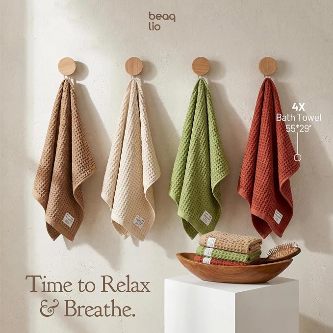 100% Cotton Waffle Towels Set, 4 Pack Bath Towels for Bathroom, 55 * 29'' Quick Dry, Super Absorbent, Soft, Bath Towel Set, Soft Lint-Free Quick Drying Towels Spa Gym, Multicolor