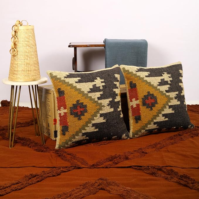 Trade Star Set of 2 Kilim Cushion Cover 70% Jute 30% Wool Pillow Shams Throw Pillow Cover 18x18 Inches Decorative Designer Cushion Cover Handwoven Rug Decorative Pillowcase (Kilim 6)