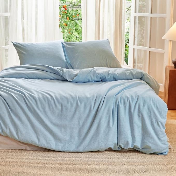 Simple&Opulence Linen Duvet Cover Set Queen Size - French Linen Cotton Woven Blend in Light Blue, 3 Pieces (1 Comforter Cover 88x92” + 2 Pillowcases), Soft & Breathable All-Season Farmhouse Bedding
