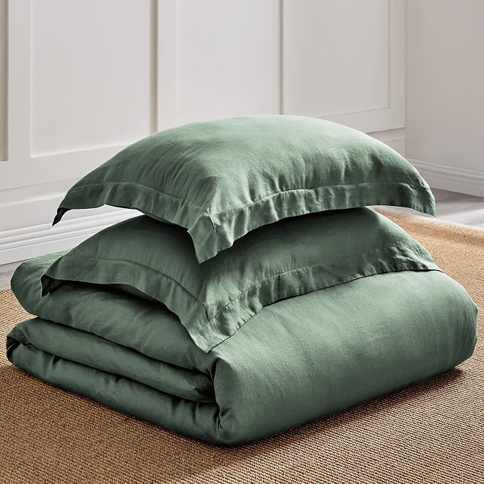 Levtex Home - 100% French Flax Linen - King Duvet Cover - French Flax Washed Linen - Forest Green - Duvet Cover Size (106x94in.)