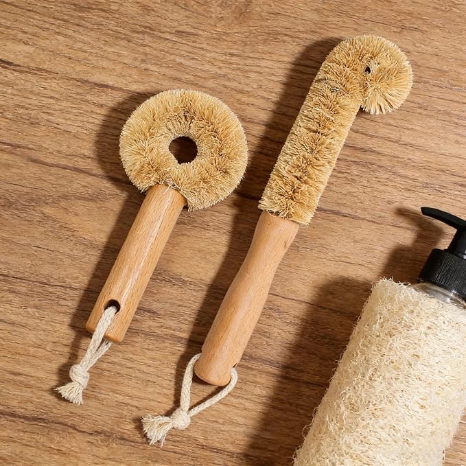 Cactus Bottle Brush Set, 2PCS-Eco-Friendly with Natural Wood Handle & Cactus Fiber Bristles for Deep Cleaning Bottles, Pans, and Kitchen Dishes