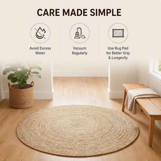 THE BEER VALLEY Jute Braided Area Rug 4 Feet Round - Natural | Reversible Handwoven Farmhouse Circle Rugs for Living Room, Bedroom, Nursery, Kitchen - Rustic Floor Mat for Porch Décor
